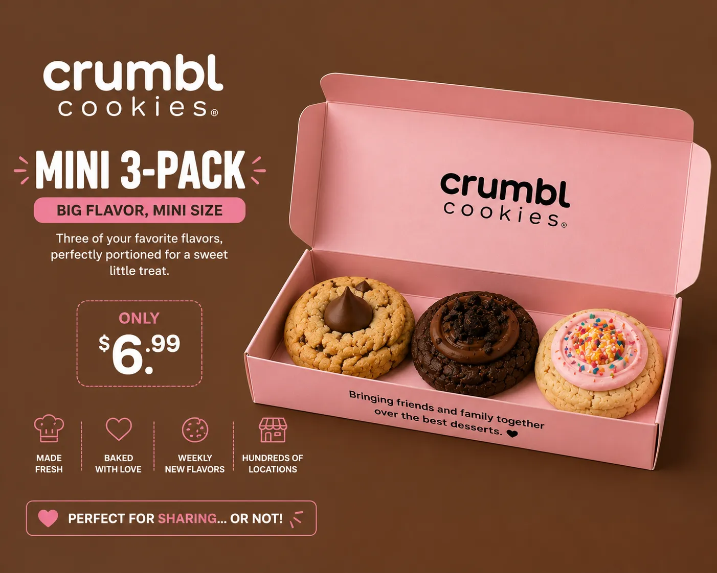 Mini 3-pack of mini Crumbl Cookies, typical $9.99
